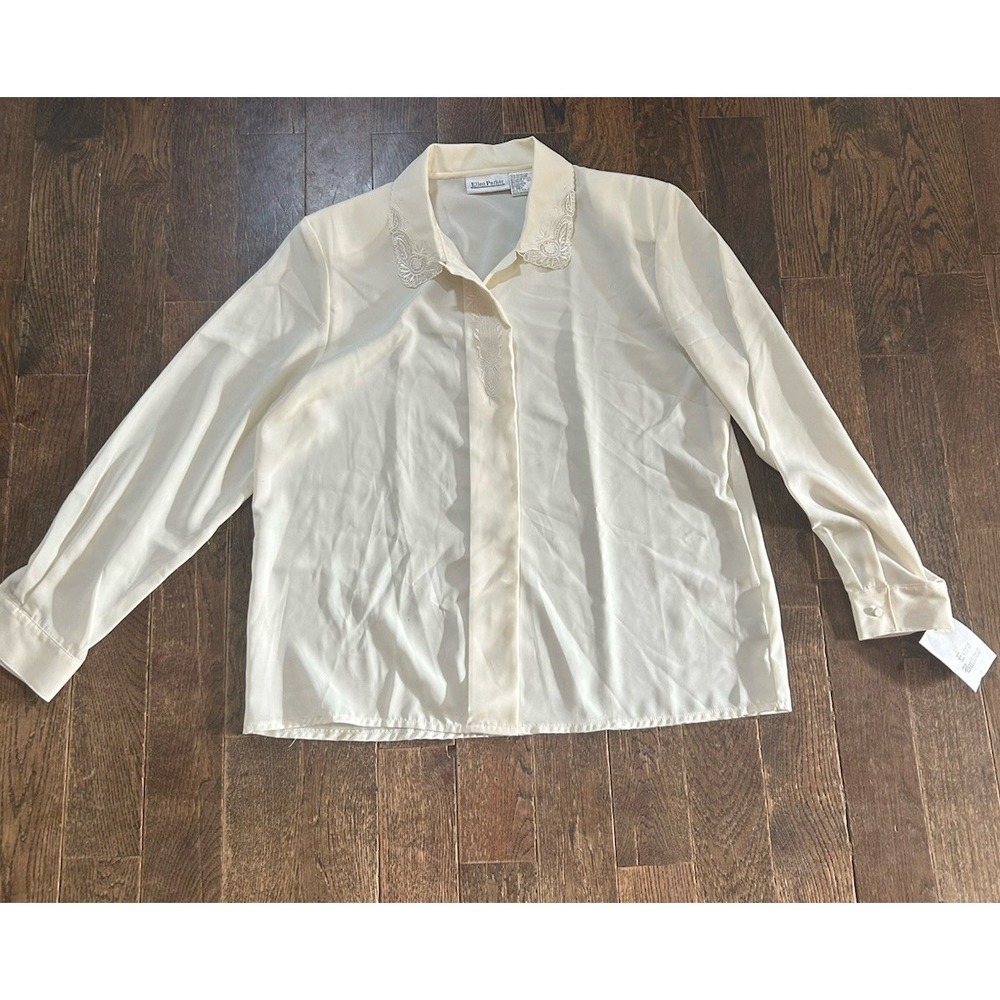 Vtg Ellen Tracy Women's Button-Up Blouse Off White Ivory Size 16‎ NWT Embroidery